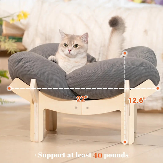 Elevated Flower Cat Bed,Wooden with Cushion, Fluffy Pet Couch Sofa for Indoor Cats and Dogs,Raised Kitty Lounge Chair,Suitable for Puppy, Cat Furniture(Large) - Looeco