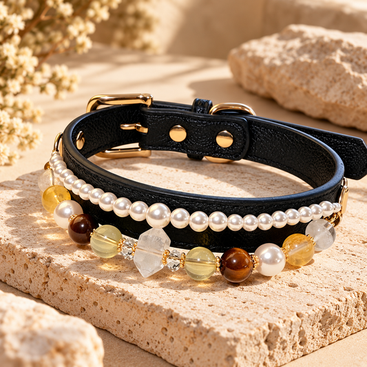 Natural Stone Leather Pet Collar with White Quartz, Tiger Eye & Pearl Beads