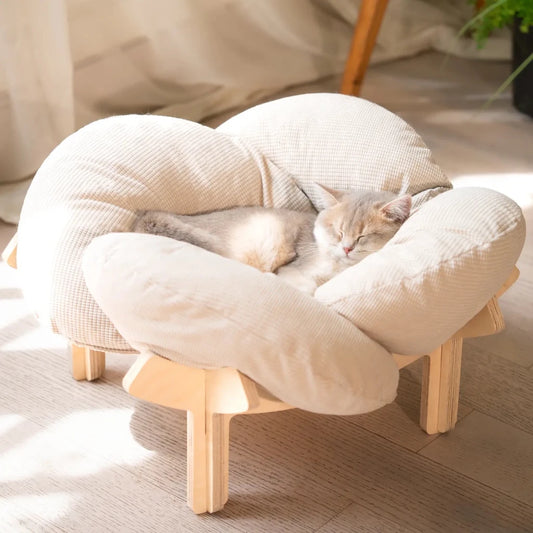 Elevated Flower Cat Bed,Wooden with Cushion, Fluffy Pet Couch Sofa for Indoor Cats and Dogs,Raised Kitty Lounge Chair,Suitable for Puppy, Cat Furniture(Large) - Looeco