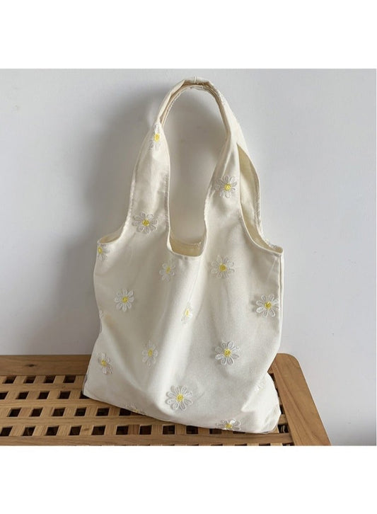 Women's Shoulder Tote Bag Canvas Handbag For Women Large Capacity Bucket Bag Fashionable Travel Messenger Shoulder Bag for Ladies Girls College Students White flower - Looeco